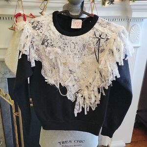 Vtg 80's Handmade Lace Sweatshirt
